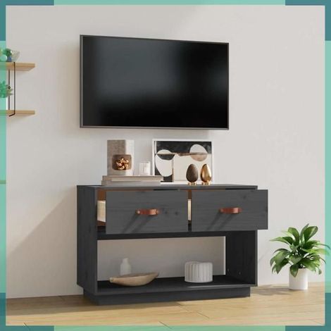 821524 Meuble TV Gris 90x40x60 cm Bois de pin massif (1/5)