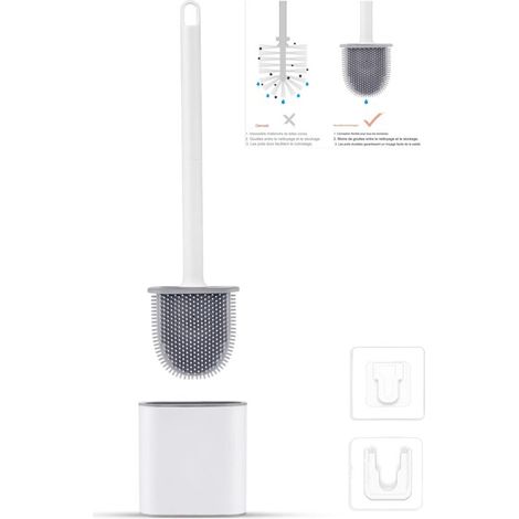 Flat Silicone Toilet Brush - Toilet Brush and Holder, Anti-drip, Antibacterial, Ventilated Toilet Brush, Quick Drying and Odorless, Wall/Floor Mounted Toilet Brush, Bathroom and Toilet, White (1/5)