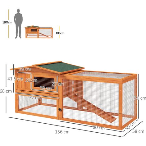 Clapier pour petit animal bois de sapin 156x58x68cm avec toit asphaltique, maison pour petit animal extérieur intérieur, bac & rampe, orange (1/5)