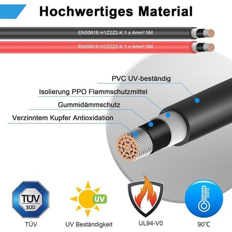 Câble Solaire 2x5m 4mm² Avec Connecteurs IP67 Extension pour Panneaux PV Solaire Solaire Panneau Câble Rallonge de Câble Solaire des Deux Côtés, PV Câble d'Extension avec Fiche Solaire (1/4)