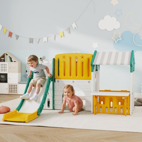 Toboggan 7 en 1 pour enfants, aire de jeux intérieure, structure d'escalade, cabane, tableau noir, panier de basket, 1 à 4 ans, plastique, jaune et vert (1/4)