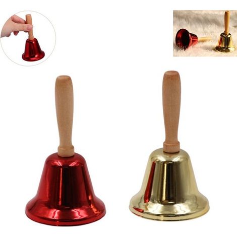 Lot de 2 cloches à main - Le Père Noël sonne sa cloche - Rouge galvanisé + or galvanisé - Cloches de mariage - Cloches de service pour dîner - Cloches de Noël avec poignées en bois - Or (1/5)