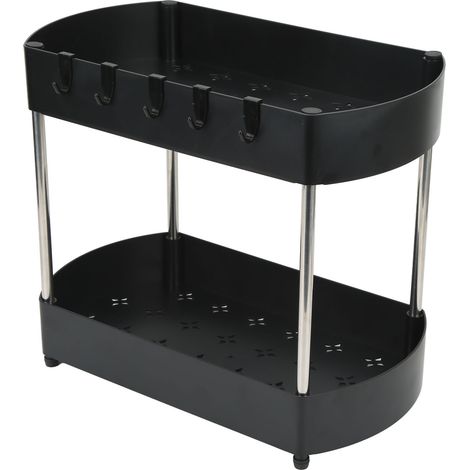 Étagère de rangement sous évier 2 niveaux, tiroir en ABS ajouré avec support inox et 5 crochets, noir (1/5)