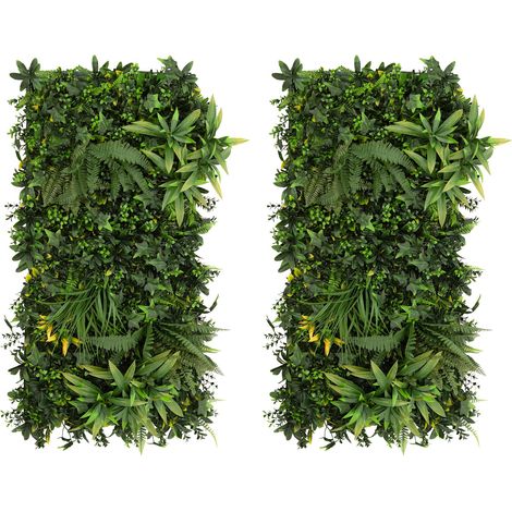 Panneau Mural Végétal Artificiel (x 2) Ayla 50 cm x 100 cm, Dalles Feuillage Vert Intérieur Extérieur, Résistantes UV Intempéries, Sans Entretien, Clôture Jardin, Kit Fixation (1/5)