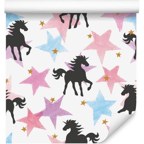 Carta da parati con unicorni e stelle colorate per soggiorno e camera da letto, 50x1000 cm. (1/5)