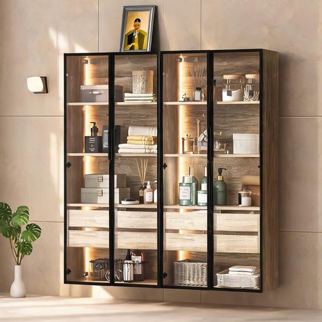 Meuble de salle de bain 2 portes et 2 tiroirs 74 cm bois naturel (1/5)
