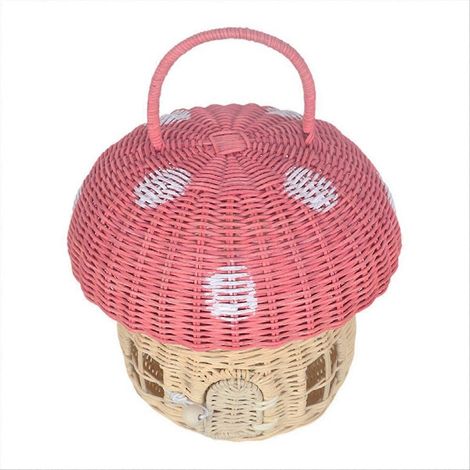 Pilzförmiger Aufbewahrungskorb aus Rattan, rosa, handgefertigt (1/5)