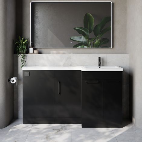 Napoli 390 Matt Black 1500mm 3 Door Vanity Unit Toilet Suite with Right Hand Square Lucia Basin - 1500mm - Matt Black 160mm HandleWithout Kingston Toilet Pan