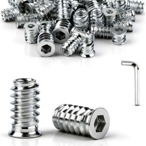 45 Pièces Insert Fileté Bois M5 x 12 mm écrous à visser insert bois M5 Manchons à visser M5 galvanisés Avec clé à six pans creux Pour panneaux de fibres, contreplaqué et meubles en bois（silver） (1/5)