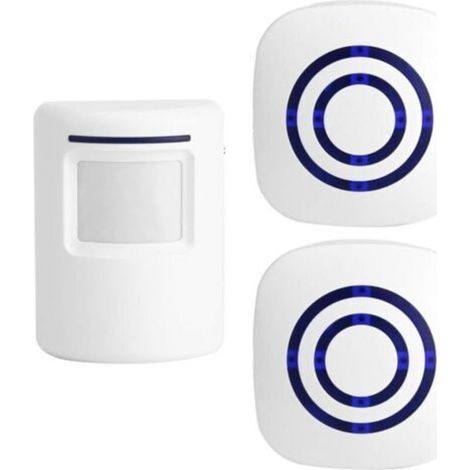 Timbre con sensor de movimiento para empresas, kit de timbre inalámbrico para exteriores con sensor de movimiento infrarrojo, 2 receptores enchufables y 1 detector de movimiento PIR.