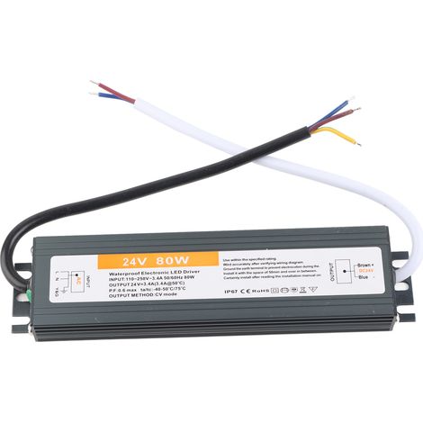 80-W-LED-Schaltnetzteil mit Kabel – AC 10–250 V, 50/60 Hz, IP67, Ed DC 24 V – Ideal für Außenbeleuchtung, LED-Streifen und -Module – Hohe Effizienz, witterungsbeständig