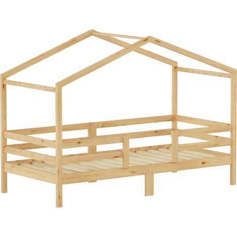Lit cabane enfant 90x200 cm, pin massif, maisonnette avec toit, barrière sécurité 3 côtés, sommier lattes inclus, matelas absent, bois naturel, DE603090WD (1/5)