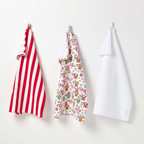 HOMESCAPES Red Owls Cotton Tea Towels Set Of Three