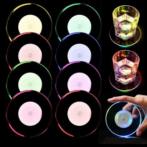 Set mit 8 LED-Untersetzern: Ø 10 cm, rund, Acryl, wasserdicht, 7 Farbmodi, Ein-/Ausschalter, für Gläser, Flaschen, Partys, Hochzeiten, Bar, Weihnachten (rund)
