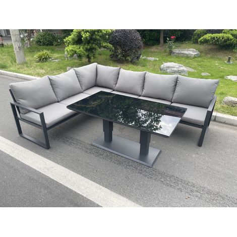 Fimous Aluminum Outdoor Garden Furniture Corner Sofa Adjustable Rising Lifting Dining Table Sets Dark Grey Black Tempered Glass 6 Seater (1/5)
