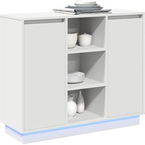 Buffet Bas de Cuisine avec Éclairage LED Intégré, 90 x 32 x 75 cm, Meuble de Rangement en Bois d'Ingénierie Blanc pour Salle à Manger et Salon (1/5)