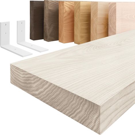 LAMO Manufaktur Étagère murale avec supports en L blancs  Étagère 120 cm largeur pour salon, espace de travail style industriel  Couleur: blanc, Bord: droit  Qualité artisanale, bois massif