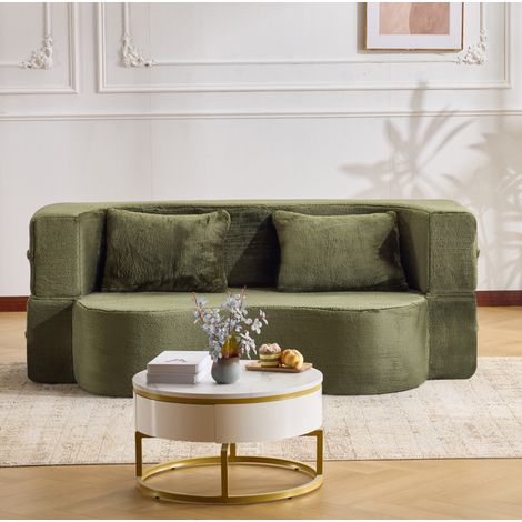 Canapé convertible de espuma verde oliva, futón plegable 2 en 1 sin montaje
