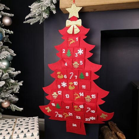90cm Fabric Tree Shape Advent Calendar Christmas Decoration in Red (1/5)