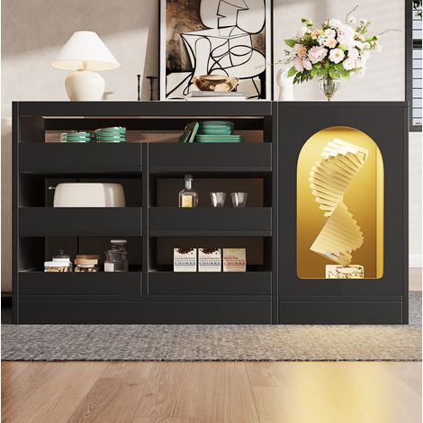 Sideboard en MDF noir 120 x 40 x 75 cm, 6 tiroirs, plateau en verre coloré, porte ajourée arquée et éclairage LED (1/5)