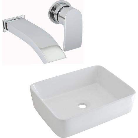 Milano Rivington 480mm x 370mm White Ceramic Rectangular Countertop Bathroom Basin Sink - With Wall-Mounted Tap