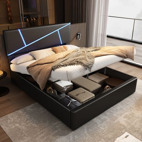 letto contenitore 90x200 LED PU nero moderno OKMYHOME (1/5)