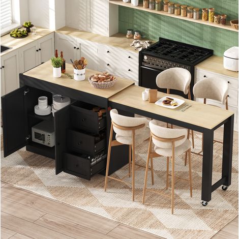 Isla de cocina móvil con tablero extraíble, especiero y 3 cajones, MDF, negro (1/5)