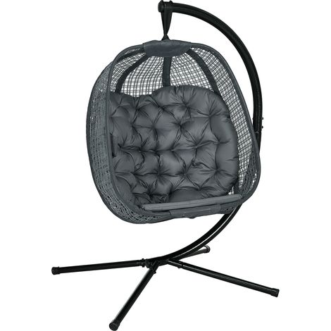 Outdoor Swing Chair with Thick Padded Cushion, Patio Hanging Chair with Metal Stand, Egg Chair with Foldable Basket, Cup Holder, for Indoor and Outdoor, Dark Grey