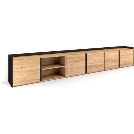 Skraut Home - Meuble TV, Banc Télé, Grand espace de Rangement, 309x35x50 cm, Pour les TV jusqu'à 80", Meubles de salon, Style moderne, Chêne et noir (1/5)