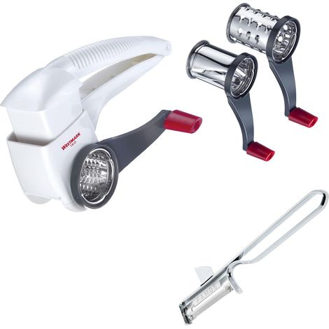 Westmark Set 1 grattugia a tamburo con 3 tamburi di taglio + 1 pelapatate, acciaio inox/ABS, bianco/antracite/argento, 117222E7 (1/5)