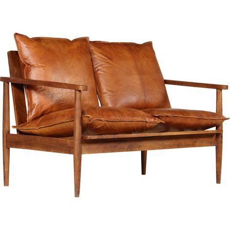 Sofá de 2 plazas para salón interior de piel auténtica con madera de acacia marrón 020019446