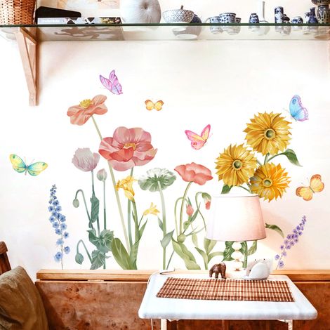 Sollbry 1set fleurs autocollant mural aquarelle florale peler et coller stickers muraux pour salon chambre TV fond (1/5)