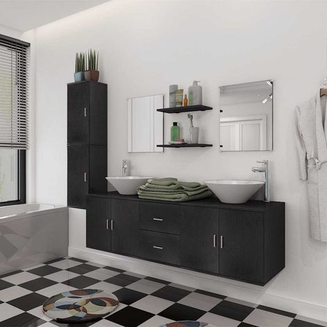 vidaXL Mobilier de salle de bain avec lavabo 9 pcs Noir (1/5)