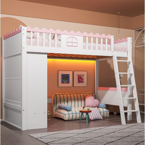 Hochbett 90x200 cm Weiß aus Kiefer und MDF mit LED-Licht, Kleiderschrank und Schublade (1/5)