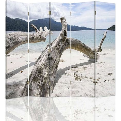 Paravent design branches d'arbre et plage exotique - 180 x 180 cm - 1 face déco, 1 face noir