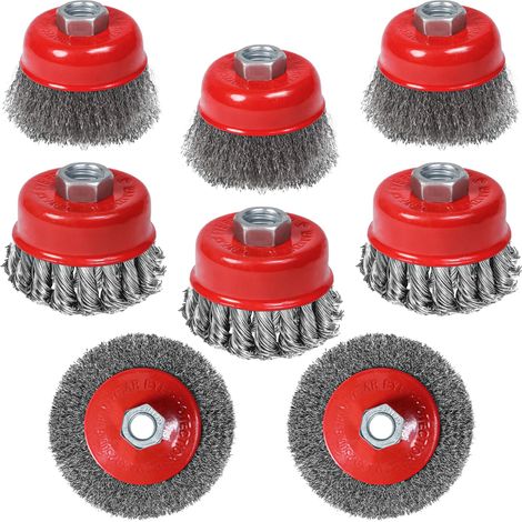 Lot de 8 brosses métalliques pour meuleuse d'angle, filetage M14 x 2, diamètre 75 mm et 100 mm, roue en fil d'acier pour nettoyage, dérouillage et ponçage (1/5)