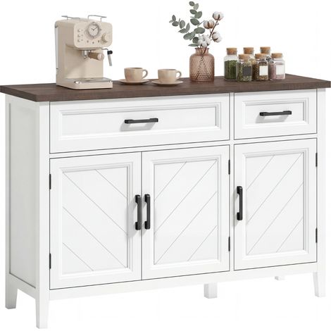 Credenza Cucina in Legno con 3 Ante a Fienili, 2 Cassetti e 2 Ripiani Regolabili, Bianco (1/5)