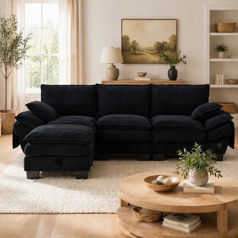 sofá 3 plazas con puf y USB-C, corduroy negro OKMYHOME (1/5)