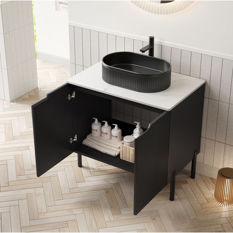 Mueble de baño con lavabo sobre suelo estilo romántico francés, negro mate y blanco, 2 puertas, lavabo ovalado, 76 cm (1/5)