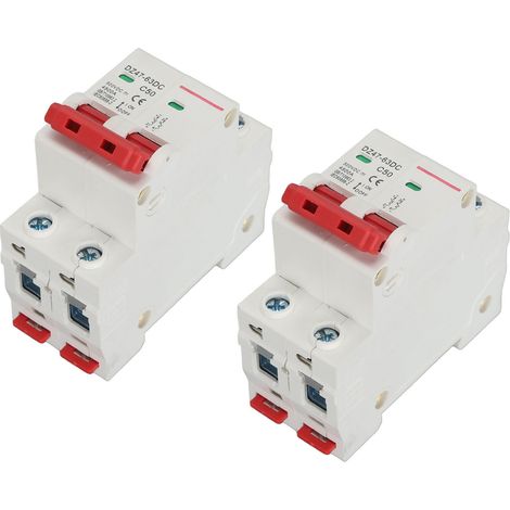 Lot de 2 disjoncteurs CC pour montage sur rail DIN, 2 pôles, 50 A, 500 V, avec interrupteur de protection pour système photovoltaïque solaire, pouvoir de coupure de 4500 A. (1/5)