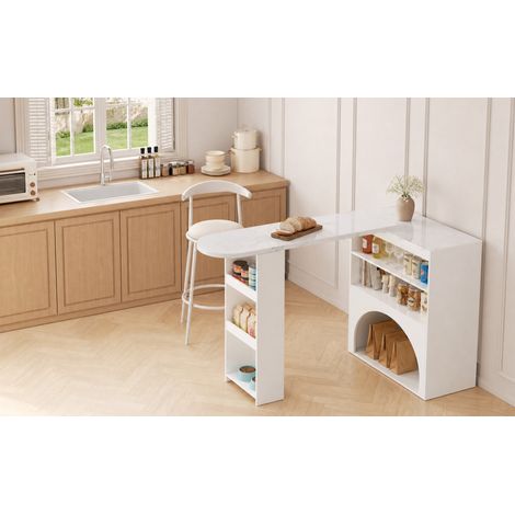 Table haute blanche extensible en aggloméré effet marbre avec plateau pivotant et espace animal, pour cuisine, entrée et salon (1/5)