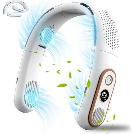 Wiederaufladbarer, blattloser, tragbarer Nackenventilator mit 8000 mAh Kapazität, LED-Anzeige und 4 leisen Turbomotoren für den Einsatz im Freien, im Büro, auf Reisen und zu Hause. (1/5)