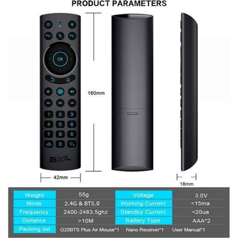 Télécommande sans fil vocale Air Mouse Control, Contrôleur de rétroéclairage sans fil, pour Android TV Box Sheild G20S PRO BT (1/4)