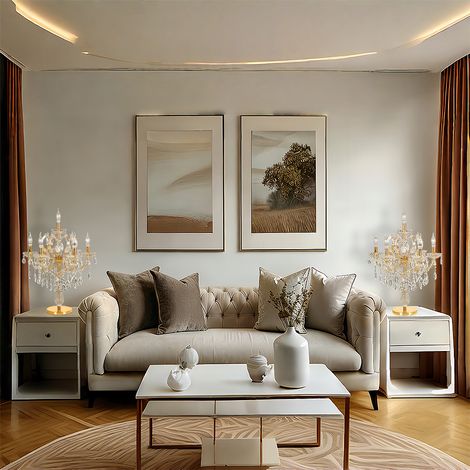 Kristall-Tischlampe Gold 7-flammig, Französischer Stil, Elegante Tischleuchte mit E14 Fassung für Wohnzimmer und Schlafzimmer