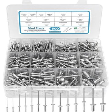 Assortiment de 500 rivets pop, 14 rivets en aluminium de tailles SAE (3/32\ (1/4)