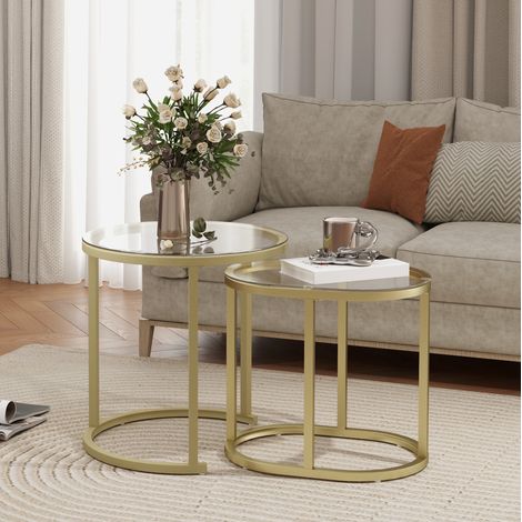 Table basse ronde 2 pièces empilable, structure en acier, plateau en verre, doré HAVRYA (1/5)