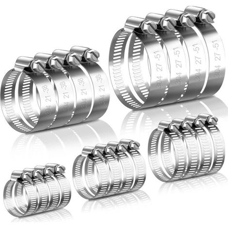 20 Collier De Serrage Réglables De 8-51 Mm Collier Serrage Inox 304, Collier Durite, Collier De Serrage Métallique, Collier Serrage Tuyau De 8-12/13-19/16-25/21-38/27-51 Mm (1/5)