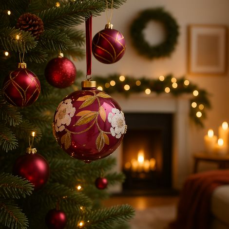 Pallina natalizia colore rosa con foglie oro per addobbi di Natale, decorazione natalizia 12 pezzi -12 palline da 10 cm (1/4)