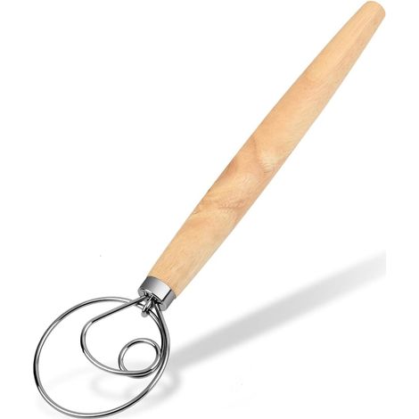 Batteur à pâte danois, en acier inoxydable 304, 33 cm, manche en bois, pour le pain, la pizza, les gâteaux et les pâtisseries.-AquaForge (1/5)
