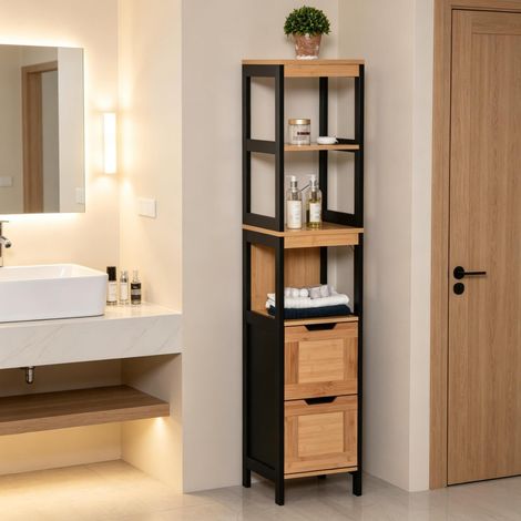 Mobile bagno a colonna con 2 cassetti e 3 ripiani, bambù naturale e nero HAVRYA (1/5)